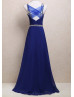 Beaded Double Straps Royal Blue Chiffon Long Evening Dress